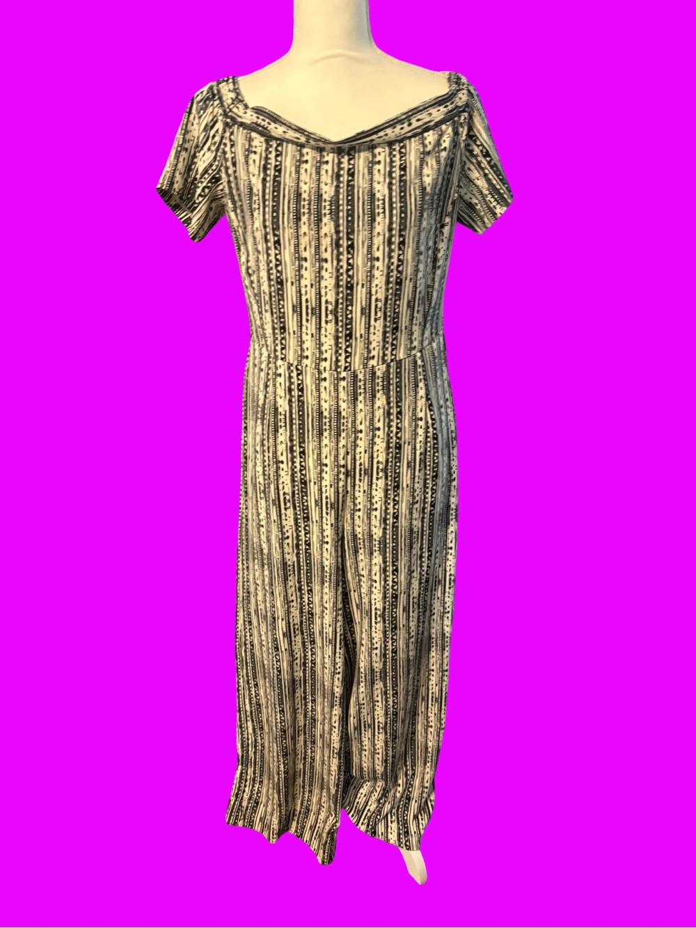 Striped Off-Shoulder Wide Leg Romper in Black and Cream Stretch Size M